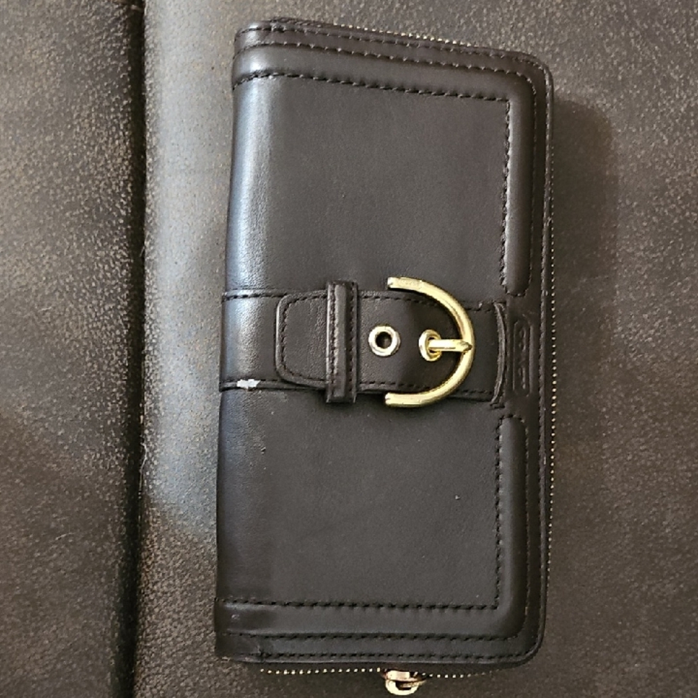Dark Leather Wallet with Gold Buckle